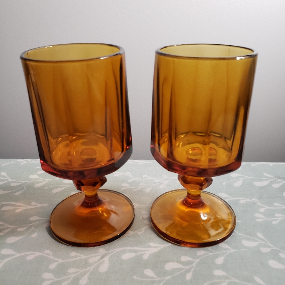 Vintage amber colored glass goblets.